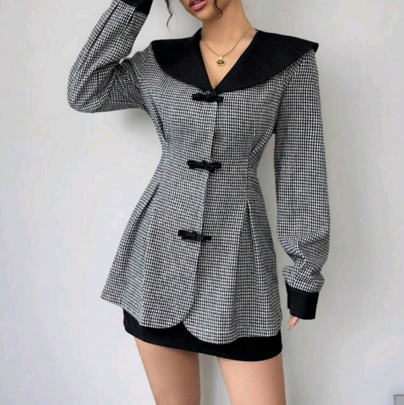 Women's Houndstooth Pattern Front Bow Decor Jacket - Picture 6 of 6